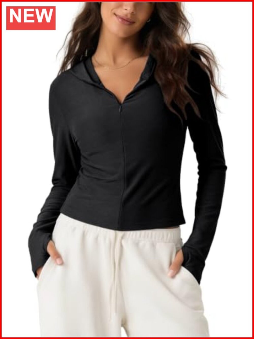 Half-Zip Crop Hoodie Pullover UPF 50 Long Sleeve Thumb Hole